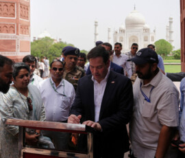 United States Secretary of State Marco Rubio signs the visitors’ book during his visit to the Taj Mahal in Agra, India, Monday, May 25, 2026. Julia Demaree Nikhinson/Pool via REUTERS