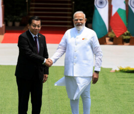 Myanmar's President Min Aung Hlaing shakes hands with India's Prime Minister Narendra Modi before their meeting at the Hyderabad House in New Delhi, India, June 1, 2026. REUTERS/Adnan Abidi REFILE - QUALITY REPEAT