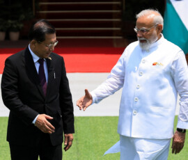 India's Prime Minister Narendra Modi welcomes Myanmar's President Min Aung Hlaing as he arrives for a meeting at the Hyderabad House in New Delhi, India, June 1, 2026. REUTERS/Adnan Abidi