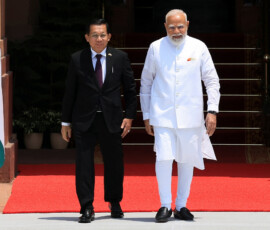 India's Prime Minister Narendra Modi welcomes Myanmar's President Min Aung Hlaing as he arrives for a meeting at the Hyderabad House in New Delhi, India, June 1, 2026. REUTERS/Adnan Abidi