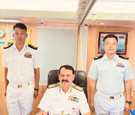 As part of the ongoing visit to Myanmar, Navy Chief Admiral Dinesh K Tripathi embarked the Myanmar Navy's Frigate UMS Kyan Sit Thar (F12). He was received onboard by Capt Kyaw Thet Naing, No.1 Fleet Commander, Myanmar Navy, with a ceremonial Guard of Honour