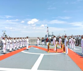 As part of the ongoing visit to Myanmar, Navy Chief Admiral Dinesh K Tripathi embarked the Myanmar Navy's Frigate UMS Kyan Sit Thar (F12). He was received onboard by Capt Kyaw Thet Naing, No.1 Fleet Commander, Myanmar Navy, with a ceremonial Guard of Honour