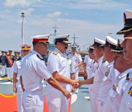 As part of the ongoing visit to Myanmar, Navy Chief Admiral Dinesh K Tripathi embarked the Myanmar Navy's Frigate UMS Kyan Sit Thar (F12). He was received onboard by Capt Kyaw Thet Naing, No.1 Fleet Commander, Myanmar Navy, with a ceremonial Guard of Honour
