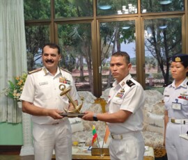 During the ongoing visit to Myanmar, Navy Chief Admiral Dinesh K Tripathi was received at the Central Naval Command Headquarters, Yangon with a ceremonial Guard of Honour.CNS held discussions with RAdm Aung Aung Naing, Commander, Central Naval Command, Myanmar Navy, and RAdm Khun Aung Kyaw, Commander, Naval Training Command.