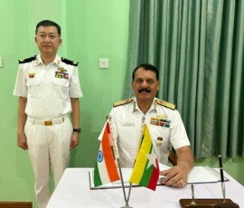 During the ongoing visit to Myanmar, Navy Chief Admiral Dinesh K Tripathi was received at the Central Naval Command Headquarters, Yangon with a ceremonial Guard of Honour.CNS held discussions with RAdm Aung Aung Naing, Commander, Central Naval Command, Myanmar Navy, and RAdm Khun Aung Kyaw, Commander, Naval Training Command.