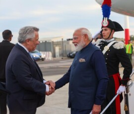Prime Minister Narendra Modi arrives in Rome on an official visit to Italy.He was received by Deputy Prime Minister and Minister of Foreign Affairs and International Cooperation Antonio Tajani at the airport.