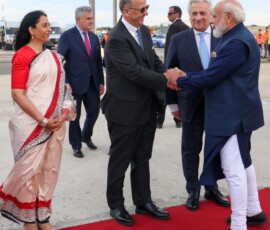 Prime Minister Narendra Modi arrives in Rome on an official visit to Italy.He was received by Deputy Prime Minister and Minister of Foreign Affairs and International Cooperation Antonio Tajani at the airport.