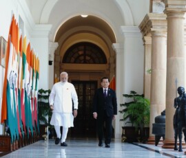 PM Modi greets President U Min Aung Hlaing of Myanmar upon his arrival at the Hyderabad House for bilateral talks