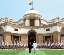 PM Modi greets President U Min Aung Hlaing of Myanmar upon his arrival at the Hyderabad House for bilateral talks