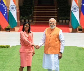 Venezuela's interim President Delcy Rodriguez shakes hands with India's Prime Minister Narendra Modi before their meeting at the Hyderabad House in New Delhi, India, June 4, 2026. REUTERS/Adnan Abidi