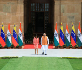 India's Prime Minister Narendra Modi welcomes Venezuela's interim President Delcy Rodriguez before their meeting at the Hyderabad House in New Delhi, India, June 4, 2026. REUTERS/Adnan Abidi