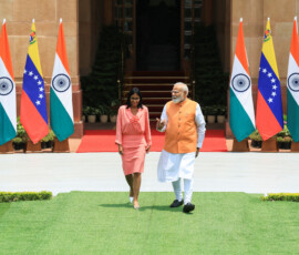India's Prime Minister Narendra Modi welcomes Venezuela's interim President Delcy Rodriguez before their meeting at the Hyderabad House in New Delhi, India, June 4, 2026. REUTERS/Adnan Abidi