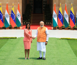 Venezuela's interim President Delcy Rodriguez shakes hands with India's Prime Minister Narendra Modi before their meeting at the Hyderabad House in New Delhi, India, June 4, 2026. REUTERS/Adnan Abidi
