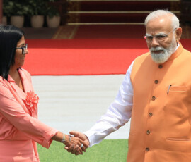Venezuela's interim President Delcy Rodriguez shakes hands with India's Prime Minister Narendra Modi before their meeting at the Hyderabad House in New Delhi, India, June 4, 2026. REUTERS/Adnan Abidi