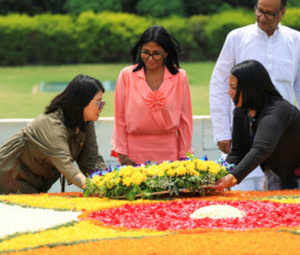 Venezuela's interim President Delcy Rodriguez pays homage at the Mahatma Gandhi memorial at Rajghat in New Delhi, India, June 4, 2026. REUTERS/Adnan Abidi