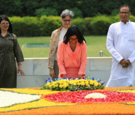 Venezuela's interim President Delcy Rodriguez pays homage at the Mahatma Gandhi memorial at Rajghat in New Delhi, India, June 4, 2026. REUTERS/Adnan Abidi