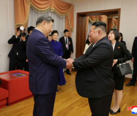 Chinese President Xi Jinping shakes hands with North Korean leader Kim Jong Un during Xi's state visit to Pyongyang, North Korea, June 8, 2026, in this picture released by North Korea's official Korean Central News Agency. KCNA via REUTERS