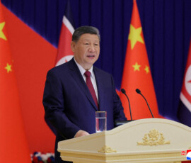 Chinese President Xi Jinping speaks during a banquet hosted by North Korean leader Kim Jong Un, amid Xi's state visit, in Pyongyang, North Korea, June 8, 2026, in this picture released by North Korea's official Korean Central News Agency. KCNA via REUTERS