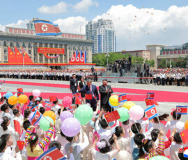 Chinese President Xi Jinping walks with North Korean leader Kim Jong Un during a welcoming ceremony, amid his state visit, at Kim Il Sung Square in Pyongyang, North Korea, June 8, 2026, in this picture released by North Korea's official Korean Central News Agency. KCNA via REUTERS