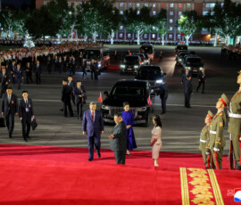 Chinese President Xi Jinping, his wife Peng Liyuan, North Korean leader Kim Jong Un, and his wife Ri Sol Ju together on a red carpet as they attend a performance at the Pyongyang Indoor Stadium, during Xi's state visit, in Pyongyang, North Korea, June 8, 2026, in this picture released by North Korea's official Korean Central News Agency. KCNA via REUTERS