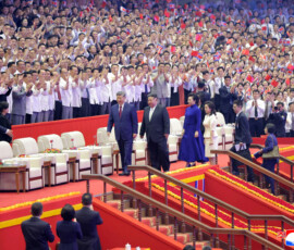 Chinese President Xi Jinping, his wife Peng Liyuan, North Korean leader Kim Jong Un, and his wife Ri Sol Ju walk together as they attend a performance at the Pyongyang Indoor Stadium, during Xi's state visit, in Pyongyang, North Korea, June 8, 2026, in this picture released by North Korea's official Korean Central News Agency. KCNA via REUTERS