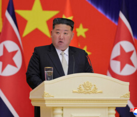 North Korean leader Kim Jong Un speaks as he hosts a banquet amid the state visit of Chinese President Xi Jinping, in Pyongyang, North Korea, June 8, 2026, in this picture released by North Korea's official Korean Central News Agency. KCNA via REUTERS
