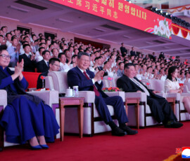 Chinese President Xi Jinping, his wife Peng Liyuan, North Korean leader Kim Jong Un, and his wife Ri Sol Ju sit together as they attend a performance at the Pyongyang Indoor Stadium, during Xi's state visit, in Pyongyang, North Korea, June 8, 2026, in this picture released by North Korea's official Korean Central News Agency. KCNA via REUTERS