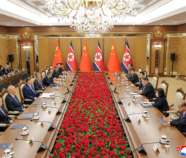 Chinese President Xi Jinping and North Korean leader Kim Jong Un sit facing each other during talks, amid Xi's state visit to Pyongyang, North Korea, June 8, 2026, in this picture released by North Korea's official Korean Central News Agency. KCNA via REUTERS