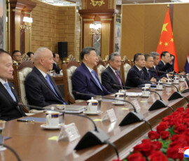 Chinese President Xi Jinping sits during talks with North Korean leader Kim Jong Un (not pictured), amid his state visit to Pyongyang, North Korea, June 8, 2026, in this picture released by North Korea's official Korean Central News Agency. KCNA via REUTERS