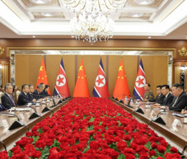 Chinese President Xi Jinping and North Korean leader Kim Jong Un sit facing each other during talks, amid Xi's state visit to Pyongyang, North Korea, June 8, 2026, in this picture released by North Korea's official Korean Central News Agency. KCNA via REUTERS