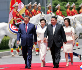 Chinese President Xi Jinping and his wife, first lady Peng Liyuan are welcomed by North Korean leader Kim Jong Un and his wife Ri Sol Ju, during Xi's state visit to Pyongyang, North Korea, in this picture taken June 8, 2026 and released June 9, 2026. KCNA via REUTERS ATTENTION EDITORS - THIS IMAGE WAS PROVIDED BY A THIRD PARTY. REUTERS IS UNABLE TO INDEPENDENTLY VERIFY THIS IMAGE. NO THIRD PARTY SALES. SOUTH KOREA OUT. NO COMMERCIAL OR EDITORIAL SALES IN SOUTH KOREA.