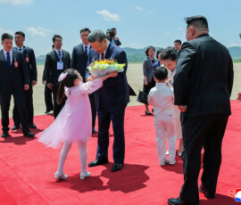 Chinese President Xi Jinping and his wife, first lady Peng Liyuan are welcomed by North Korean leader Kim Jong Un and his wife Ri Sol Ju at Pyongyang Airport during Xi's state visit to Pyongyang, North Korea, in this picture taken June 8, 2026 and released June 9, 2026. KCNA via REUTERS ATTENTION EDITORS - THIS IMAGE WAS PROVIDED BY A THIRD PARTY. REUTERS IS UNABLE TO INDEPENDENTLY VERIFY THIS IMAGE. NO THIRD PARTY SALES. SOUTH KOREA OUT. NO COMMERCIAL OR EDITORIAL SALES IN SOUTH KOREA.