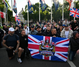 Protesters gather in Parliament Square following a knife attack in Belfast on June 8, that left a man seriously injured and prompted police to declare a critical incident, in London, Britain, June 9, 2026. REUTERS/Chris J. Ratcliffe