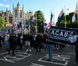 Protesters gather in Parliament Square following a knife attack in Belfast on June 8, that left a man seriously injured and prompted police to declare a critical incident, in London, Britain, June 9, 2026. REUTERS/Chris J. Ratcliffe