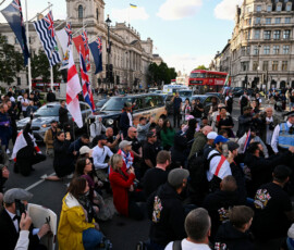 Protesters gather in Parliament Square following a knife attack in Belfast on June 8, that left a man seriously injured and prompted police to declare a critical incident, in London, Britain, June 9, 2026. REUTERS/Chris J. Ratcliffe