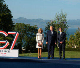French President Emmanuel Macron and his wife First Lady of France Brigitte Macron welcome U.S. President Donald Trump during the G7 summit at Hotel Royal Evian on June 15, 2026 in Evian-les-Bains, France. Anna Moneymaker/Pool via REUTERS