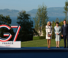 French President Emmanuel Macron and his wife, First Lady of France Brigitte Macron, welcome Japanese Prime Minister Sanae Takaichi during the G7 summit at Hotel Royal Evian on June 15, 2026, in Evian-les-Bains, France. Anna Moneymaker/Pool via REUTERS