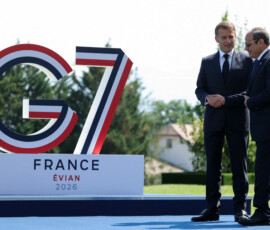 French President Emmanuel Macron welcomes Egyptian President Abdel Fattah al-Sisi, on the day of the G7 summit, in Evian-les-Bains, France, June 16, 2026. REUTERS/Christian Hartmann