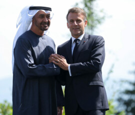 French President Emmanuel Macron welcomes President of the United Arab Emirates (UAE) Sheikh Mohamed bin Zayed Al Nahyan, on the day of the G7 summit, in Evian-les-Bains, France, June 16, 2026. REUTERS/Christian Hartmann
