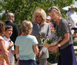 French President Emmanuel Macron's wife, Brigitte Macron, and the wife of Canada's Prime Minister Mark Carney, Diana Fox Carney, during a spouses program on the sidelines of the G7 summit, in Yvoire, France, Tuesday, June 16, 2026. Christophe Ena/Pool via REUTERS
