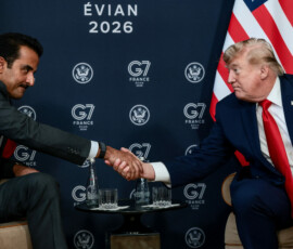 U.S. President Donald Trump shakes hands with the Emir of Qatar, Sheikh Tamim bin Hamad Al Thani, at a bilateral meeting on the sidelines of the G7 summit, in Evian-les-Bains, France, June 16, 2026. REUTERS/Evelyn Hockstein