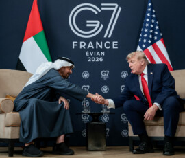 U.S. President Donald Trump shakes hands with the President of the United Arab Emirates (UAE) Mohamed bin Zayed Al Nahyan, during a bilateral meeting on the sidelines of the G7 summit, in Evian-les-Bains, France, June 16, 2026. REUTERS/Evelyn Hockstein