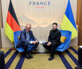 Ukraine's President Volodymyr Zelenskiy meets German Chancellor Friedrich Merz during the G7 summit in Evian-les-Bains, France, June 16, 2026. Ukrainian Presidential Press Service/Handout via REUTERS ATTENTION EDITORS - THIS IMAGE HAS BEEN SUPPLIED BY A THIRD PARTY.