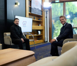 Ukraine's President Volodymyr Zelenskiy meets French President Emmanuel Macron during the G7 summit in Evian-les-Bains, France, June 16, 2026. Ukrainian Presidential Press Service/Handout via REUTERS ATTENTION EDITORS - THIS IMAGE HAS BEEN SUPPLIED BY A THIRD PARTY.