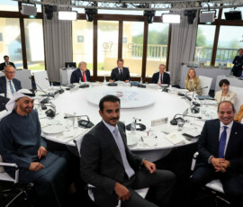 Japan's Prime Minister Sanae Takaichi, Germany's Chancellor Friedrich Merz, Italy's Prime Minister Giorgia Meloni, U.S. President Donald Trump, European Commission President Ursula von der Leyen, Canadian Prime Minister Mark Carney, European Council President Antonio Costa, French President Emmanuel Macron, Emir of Qatar, Sheikh Tamim bin Hamad Al Thani, President of the United Arab Emirates (UAE) Sheikh Mohamed bin Zayed Al Nahyan and Egyptian President Abdel Fattah al-Sisi, attend a working lunch during the G7 summit, in Evian-les-Bains, France, June 16, 2026. REUTERS/Christian Hartmann/Pool REFILE - REMOVING "BRITISH PRIME MINISTER KEIR STARMER".