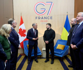 Ukraine's President Volodymyr Zelenskiy meets Canadian Prime Minister Mark Carney during the G7 summit in Evian-les-Bains, France, June 16, 2026. Ukrainian Presidential Press Service/Handout via REUTERS ATTENTION EDITORS - THIS IMAGE HAS BEEN SUPPLIED BY A THIRD PARTY.