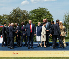 U.S. President Donald Trump stands among other leaders as they gather for a family photo during the G7 summit in Evian-les-Bains, France, June 16, 2026. REUTERS/Evelyn Hockstein