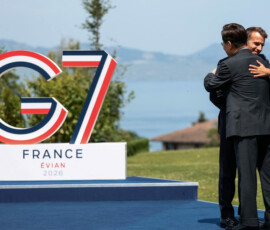 French President Emmanuel Macron greets South Korea's President Lee Jae Myung during the G7 summit in Evian-les-Bains, France, June 16, 2026. REUTERS/Evelyn Hockstein