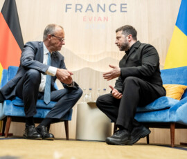 Ukraine's President Volodymyr Zelenskiy meets German Chancellor Friedrich Merz during the G7 summit in Evian-les-Bains, France, June 16, 2026. Michael Kappeler/Pool via REUTERS