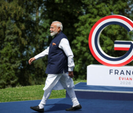 Indian Prime Minister Narendra Modi walks to attend a family photo, on the sidelines of the G7 summit, in Evian-les-Bains in France, June 16, 2026. REUTERS/Isabel Infantes/Pool